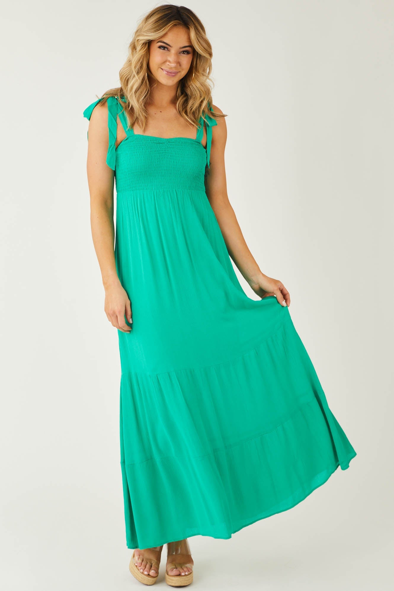 Kelly Green Tie Strap Smocked Ruched Maxi Dress