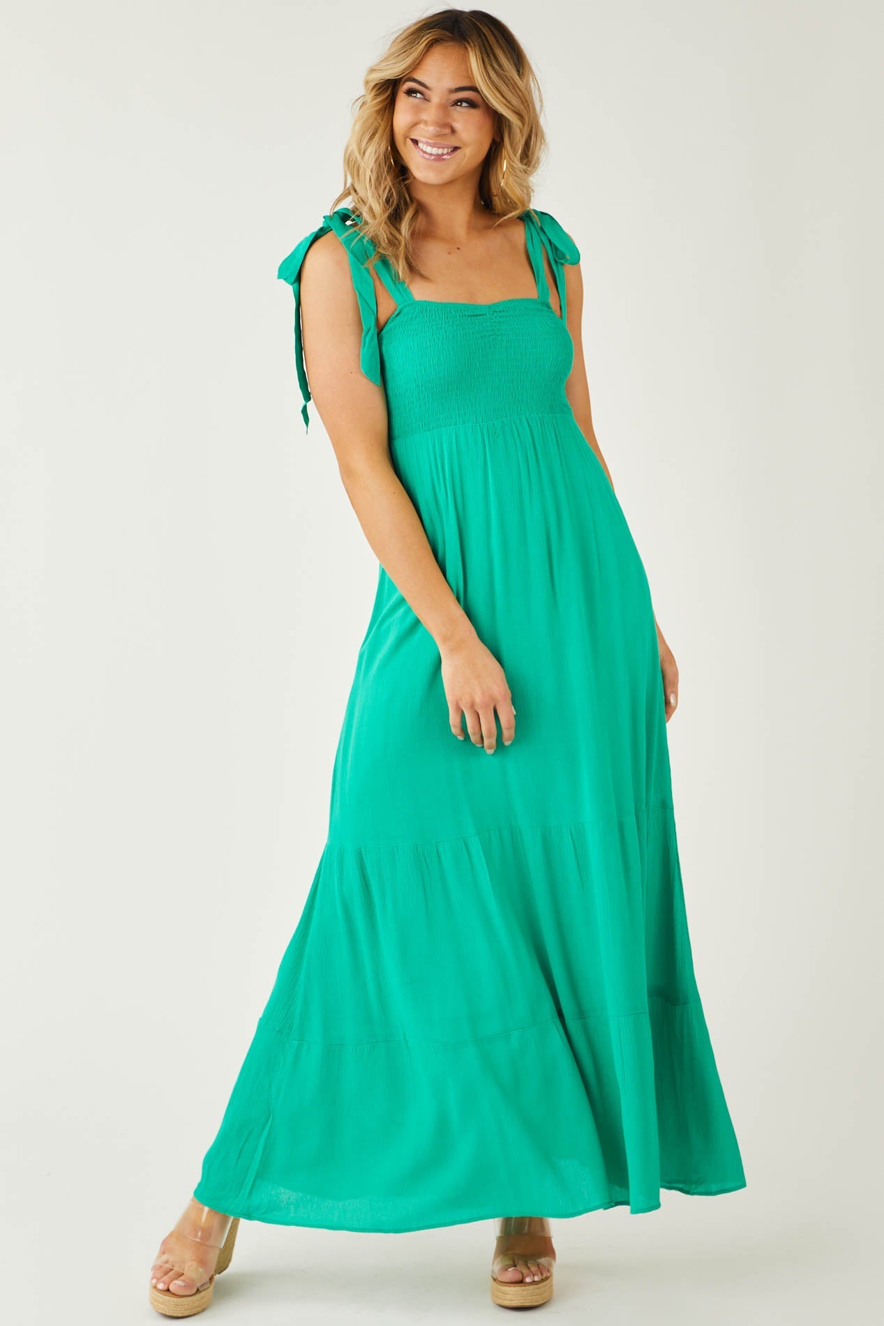 Kelly Green Tie Strap Smocked Ruched Maxi Dress
