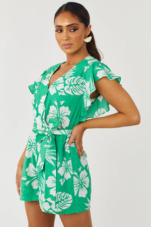 Kelly Green Tropical Print Romper with Waist Tie