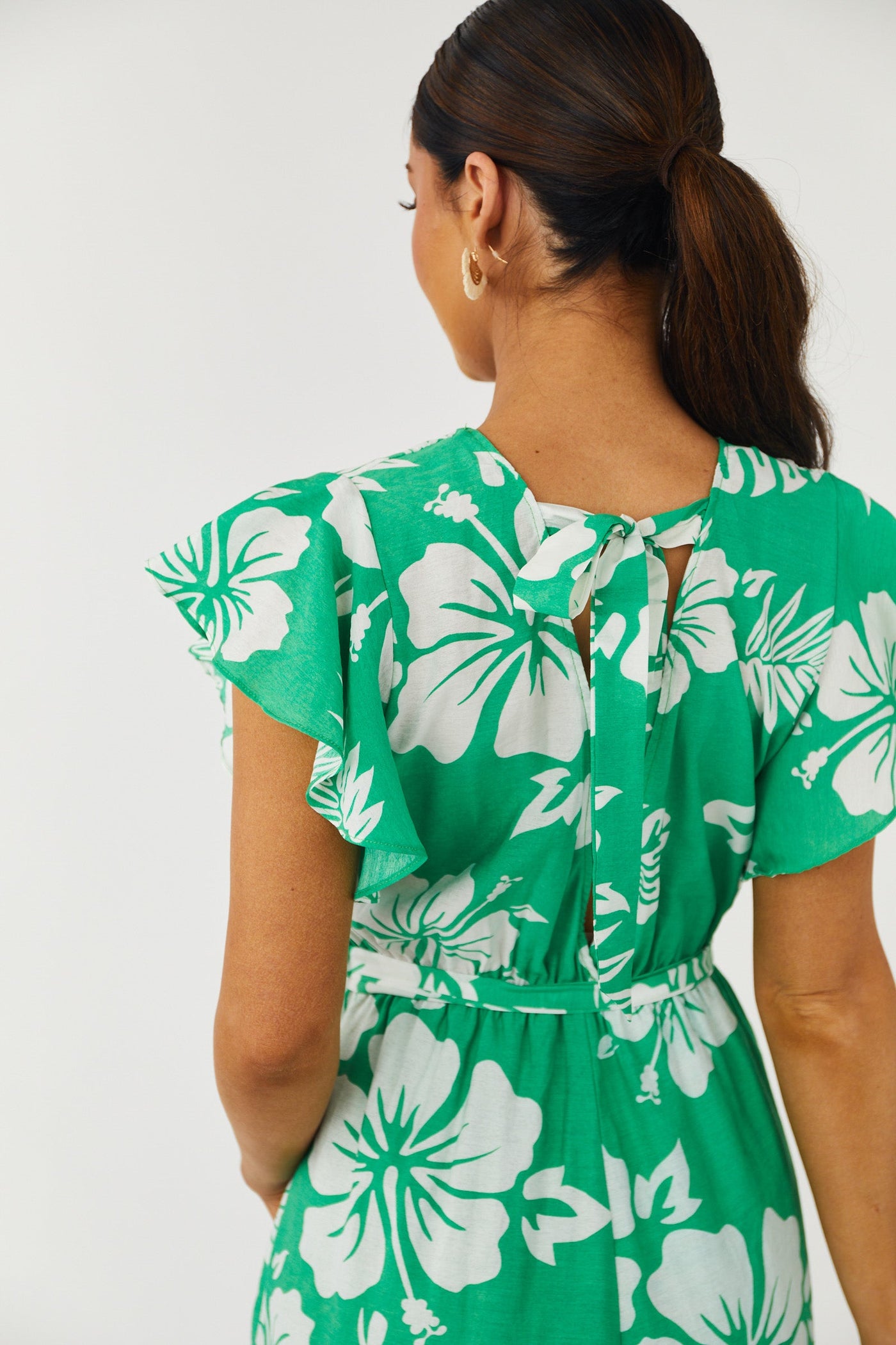Kelly Green Tropical Print Romper with Waist Tie