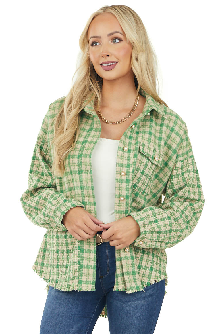 Kelly Green Tweed Plaid Frayed Hem Shacket