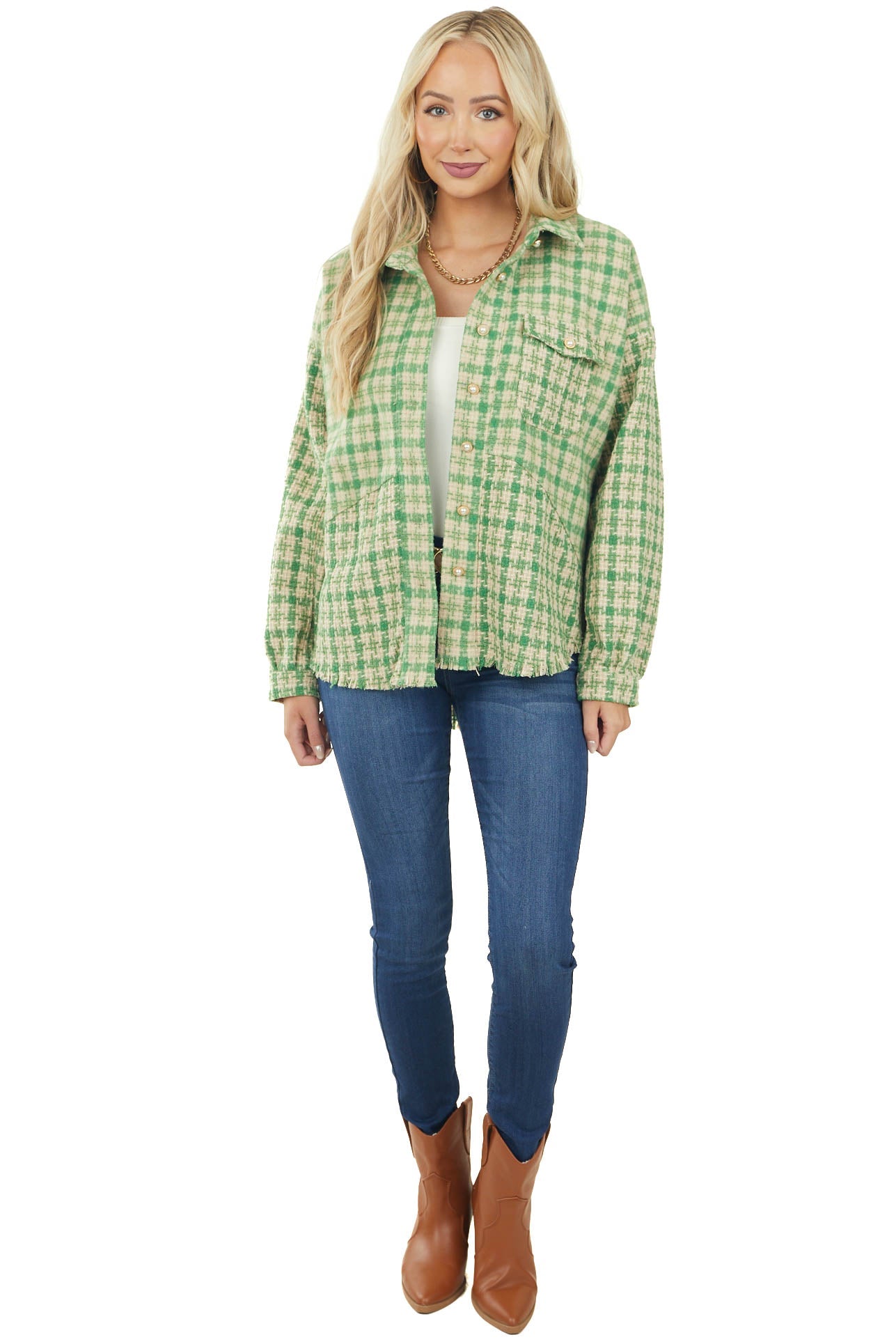 Kelly Green Tweed Plaid Frayed Hem Shacket