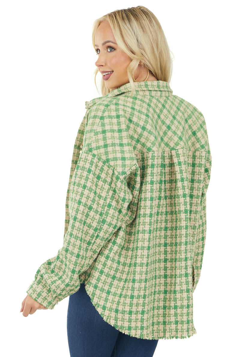 Kelly Green Tweed Plaid Frayed Hem Shacket