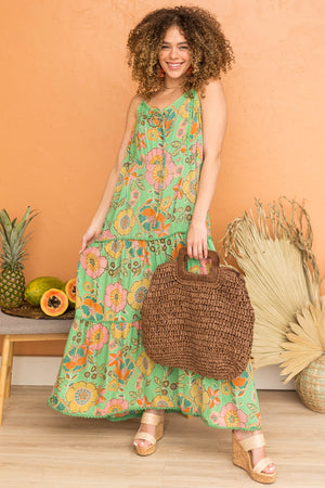 Kelly Green Floral Sleeveless Tiered Maxi Dress