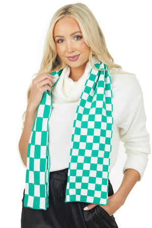 Kelly Green and Off White Checkered Print Knit Scarf