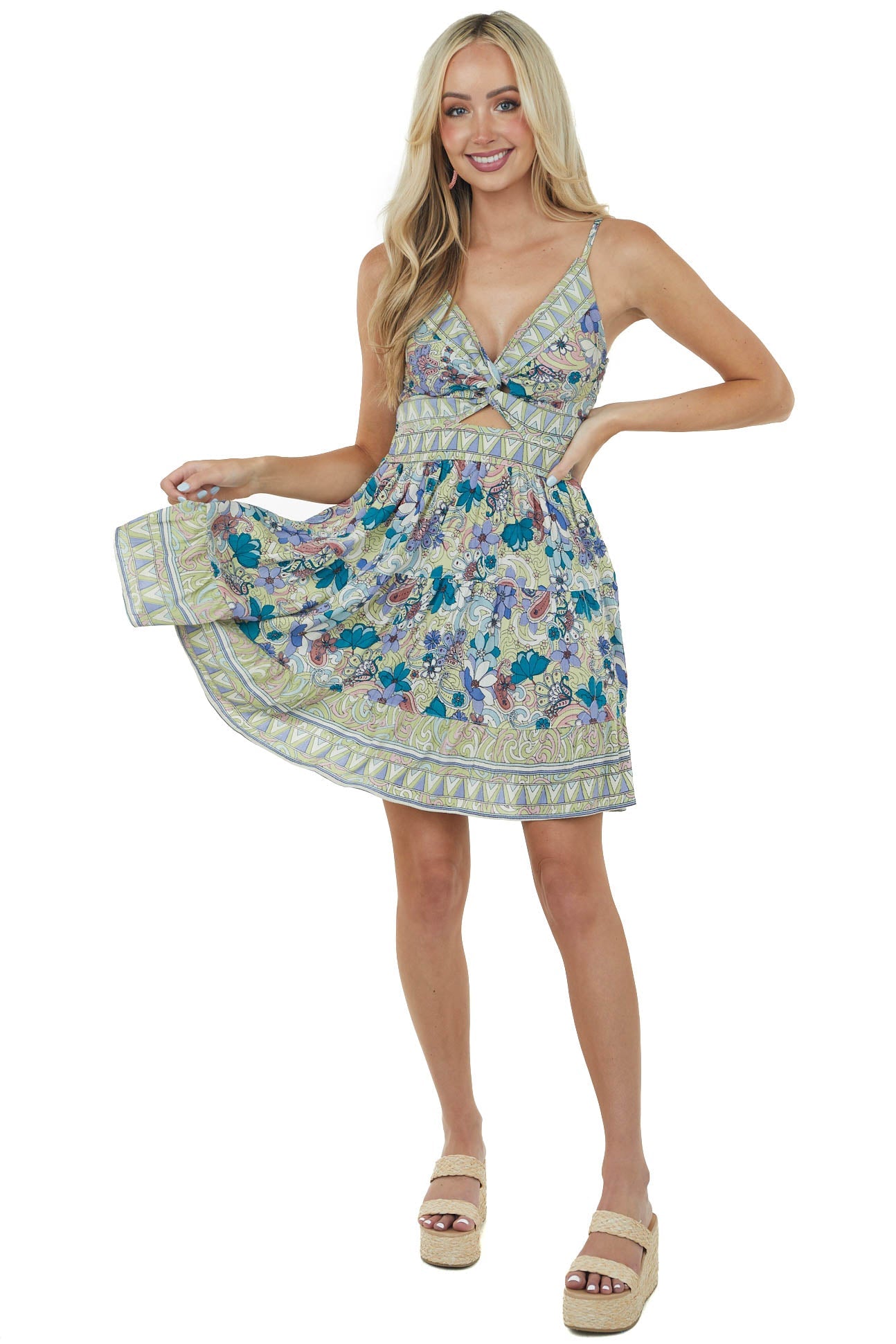 Key Lime Printed Sleeveless Tiered Short Dress