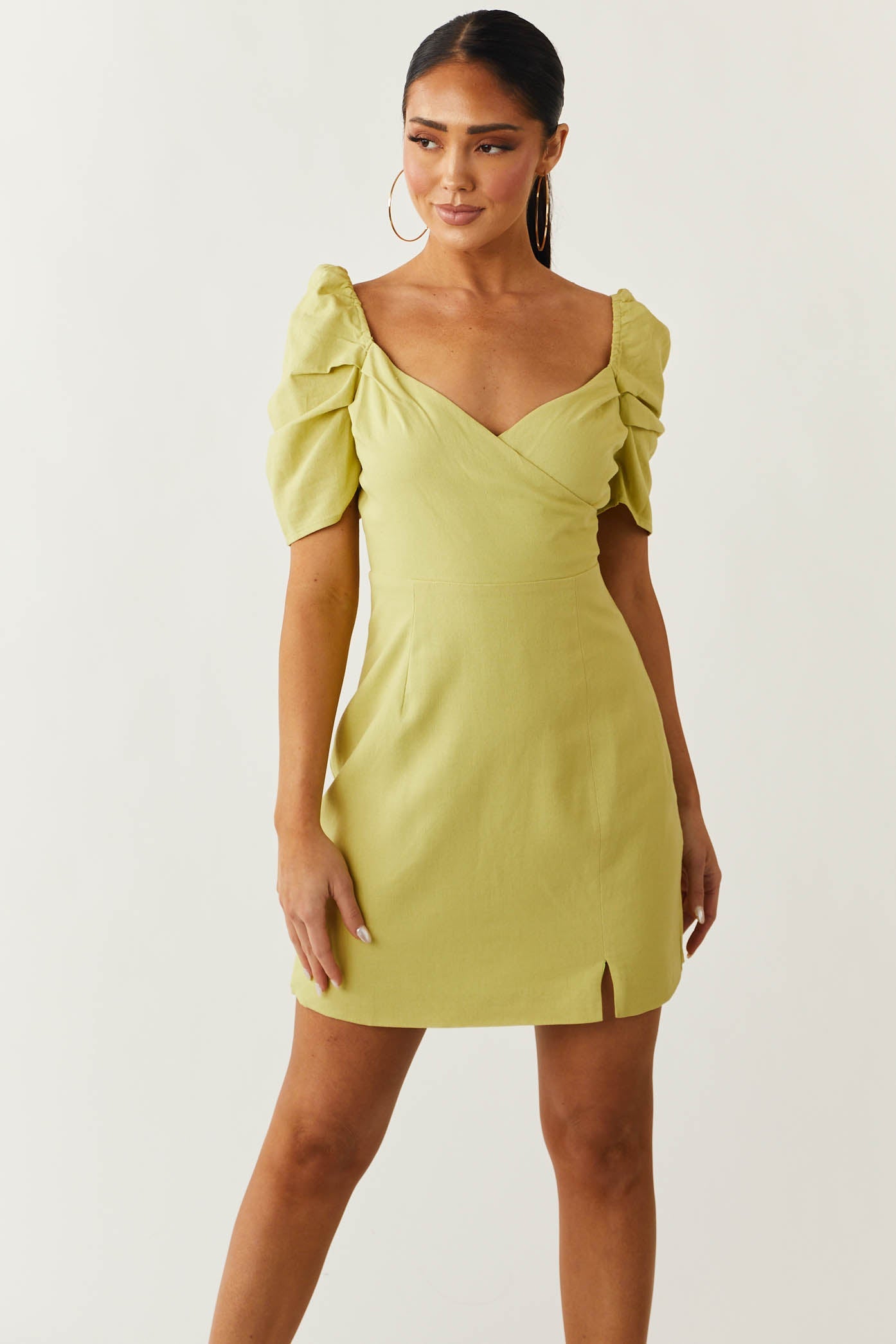 Key Lime Puff Sleeve Surplice Mini Dress