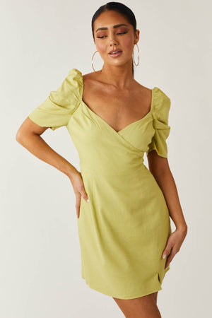 Key Lime Puff Sleeve Surplice Mini Dress