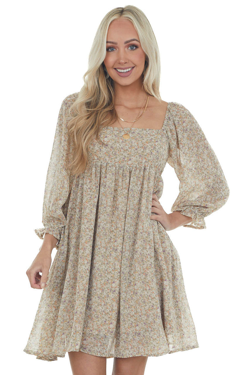 Khaki Ditsy Floral Square Neck Short Dress