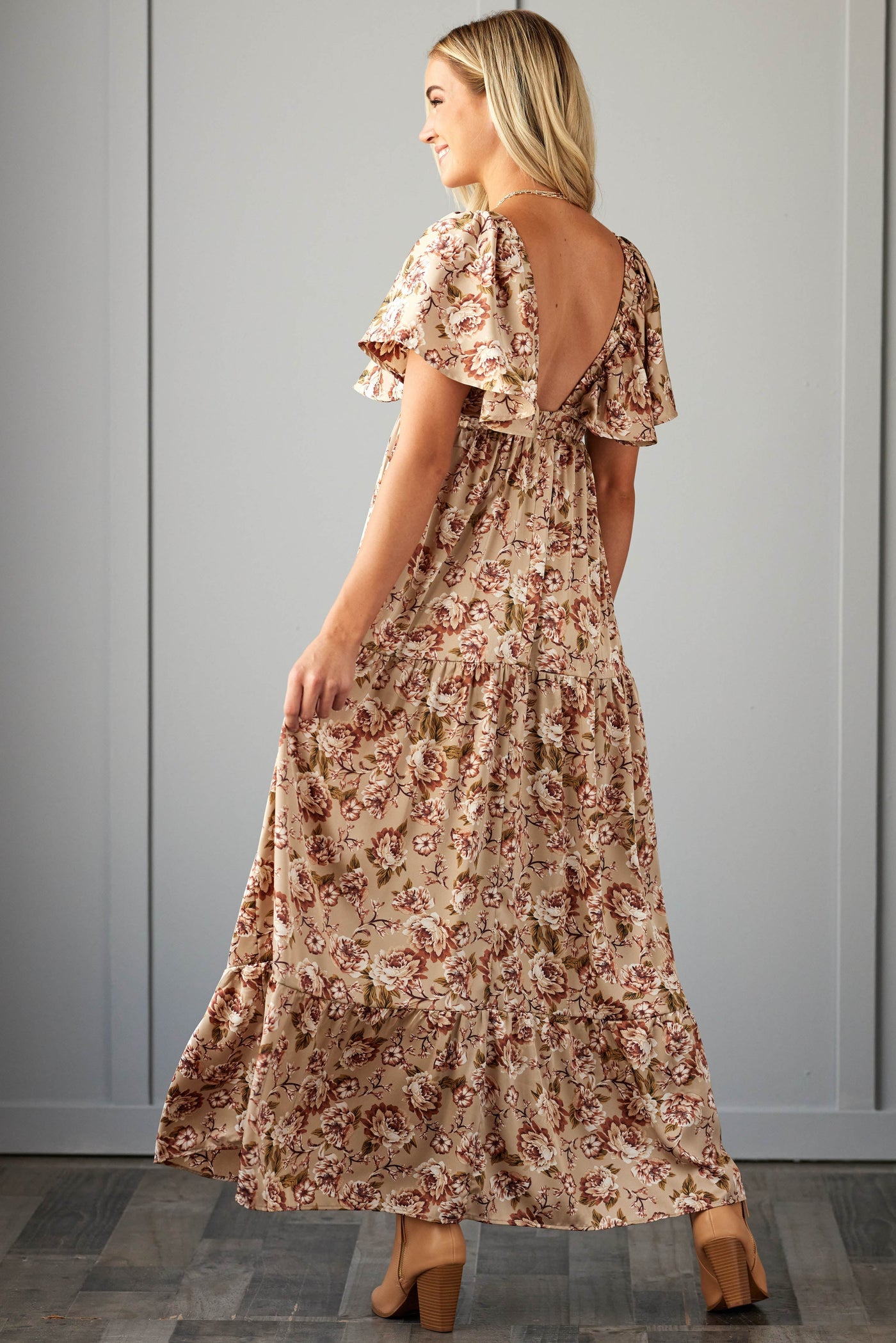 Khaki Satin Floral Deep V Neck Maxi Dress