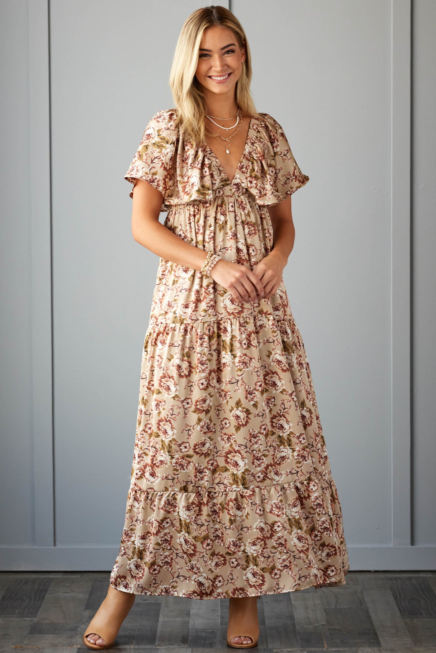 Khaki Satin Floral Deep V Neck Maxi Dress