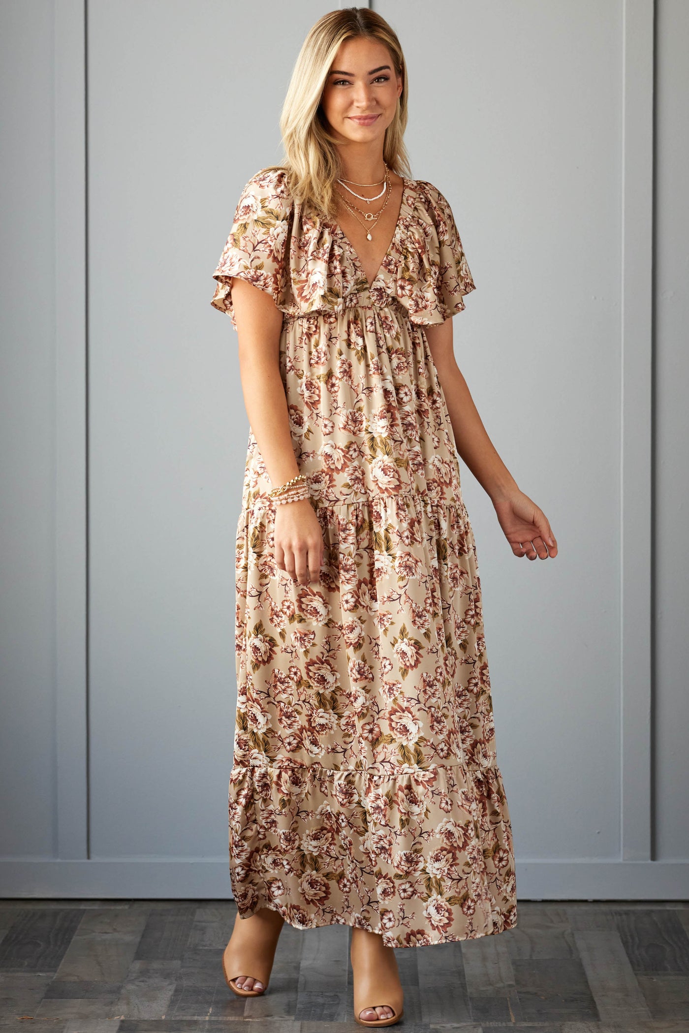 Khaki Satin Floral Deep V Neck Maxi Dress