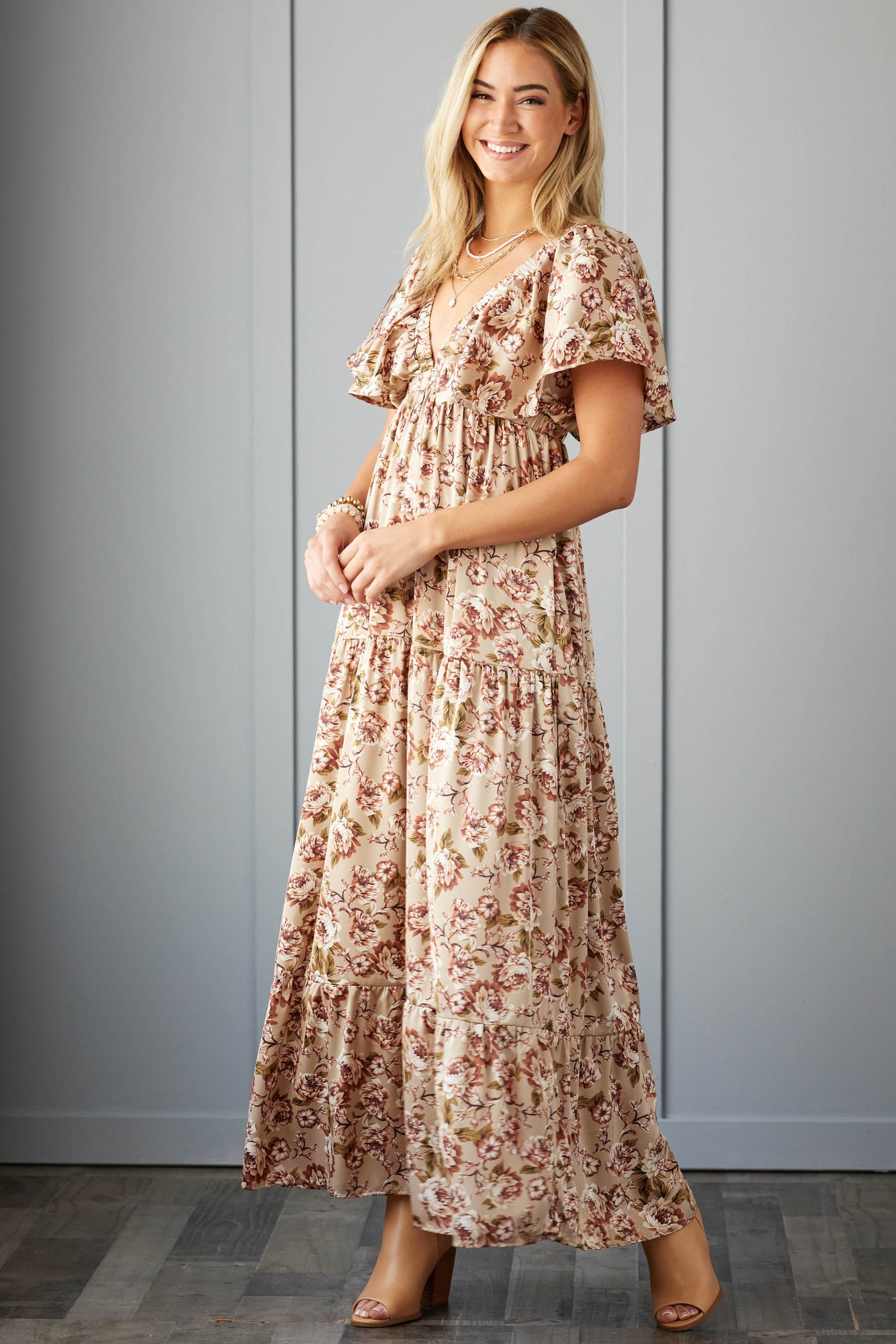 Khaki Satin Floral Deep V Neck Maxi Dress