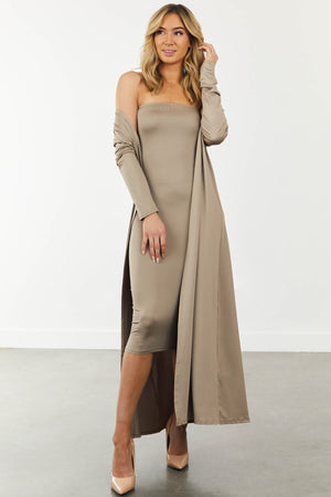 Khaki Strapless Bodycon Dress and Cardigan Set