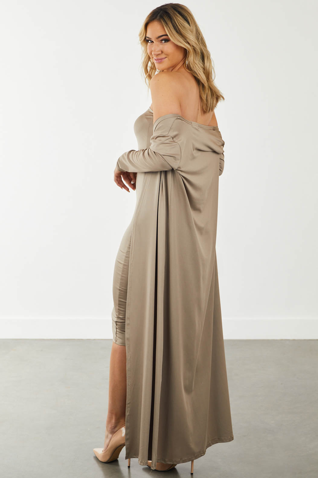 Khaki Strapless Bodycon Dress and Cardigan Set