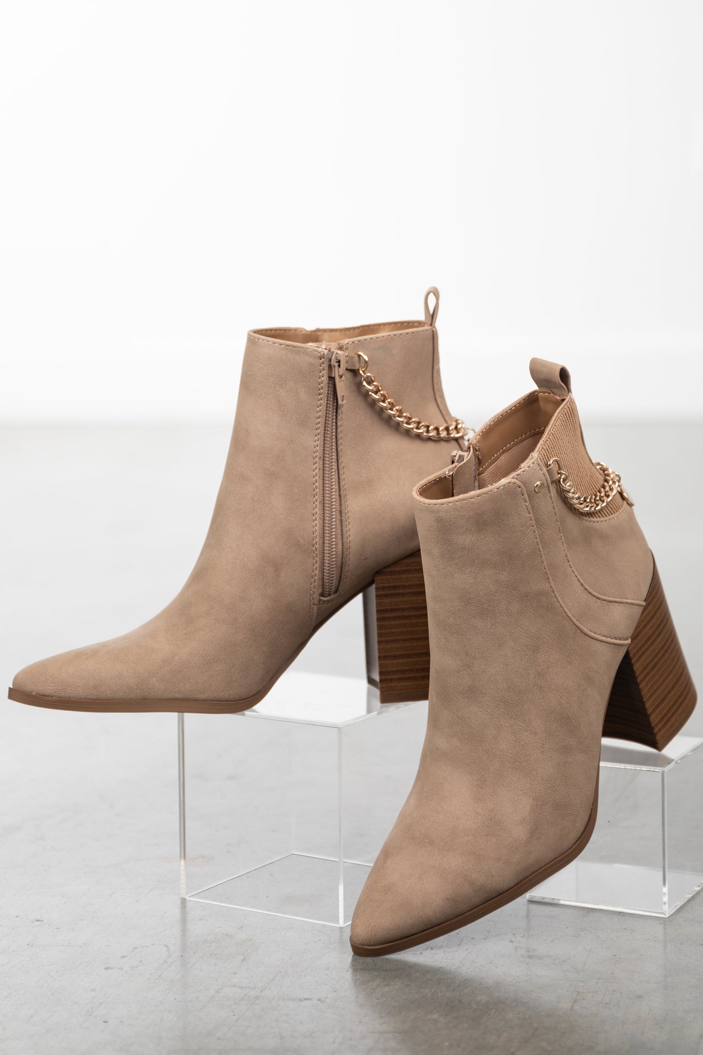 Khaki Faux Nubuck High Heel Boots with Chain Detail