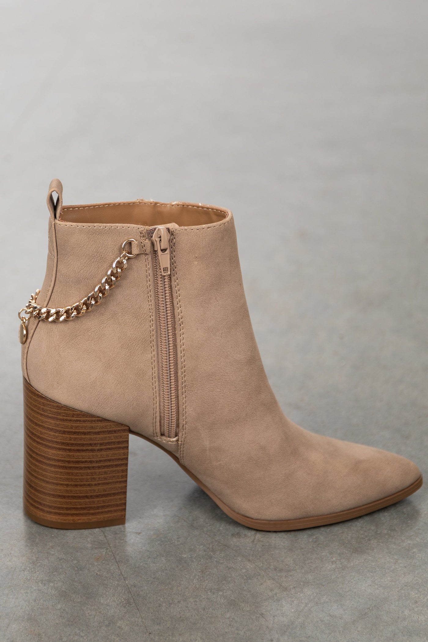 Khaki Faux Nubuck High Heel Boots with Chain Detail