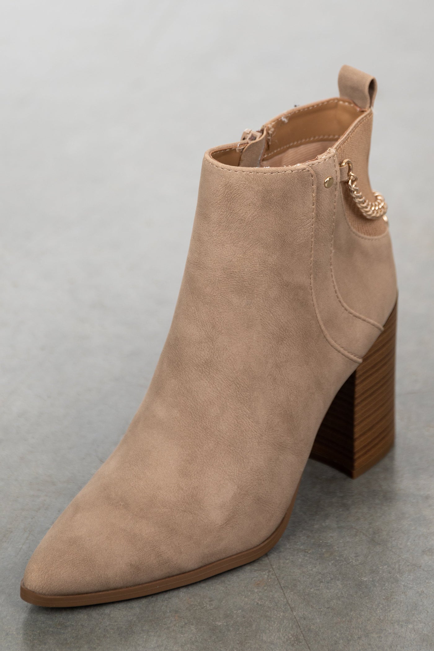 Khaki Faux Nubuck High Heel Boots with Chain Detail