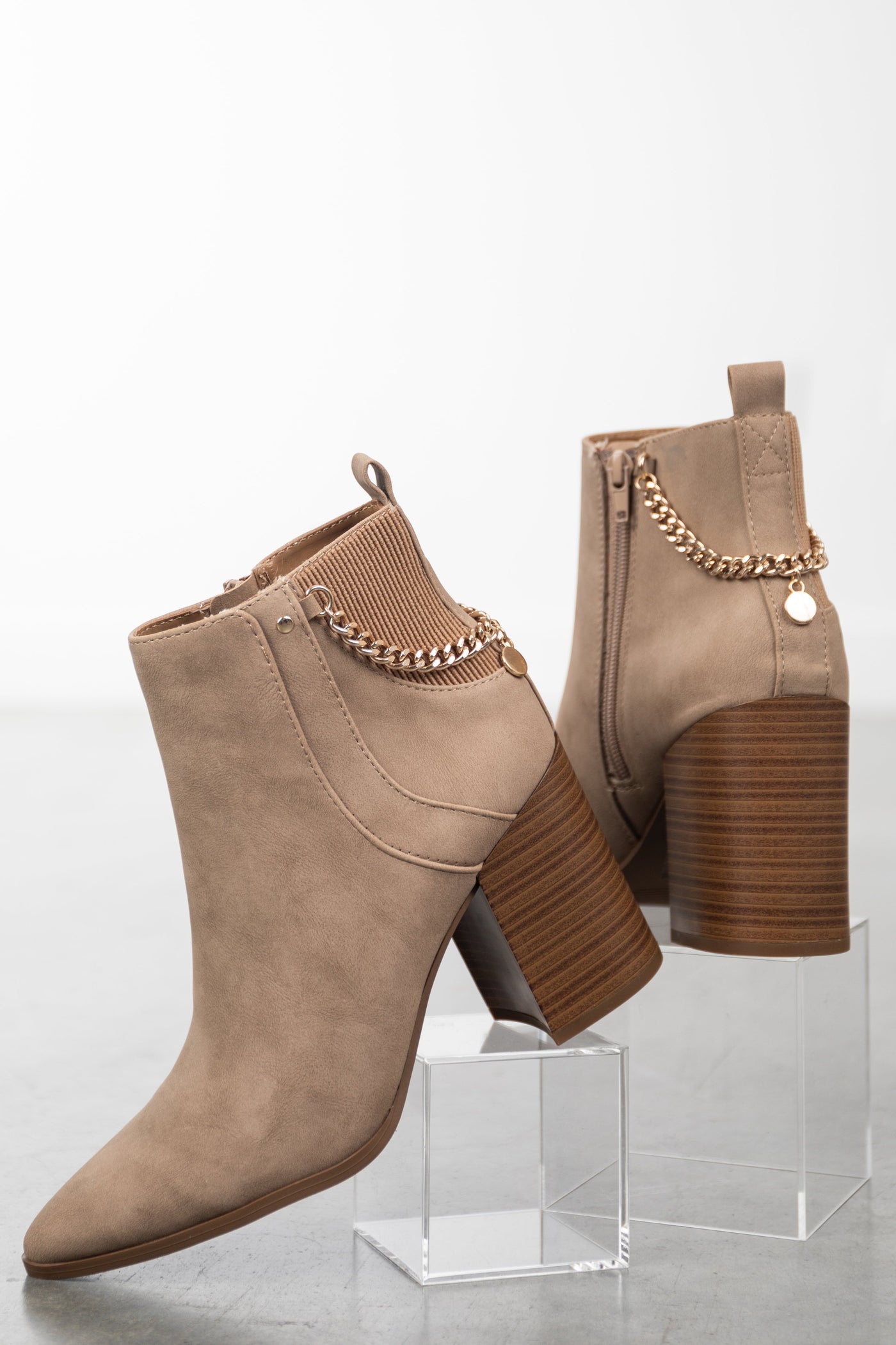Khaki Faux Nubuck High Heel Boots with Chain Detail