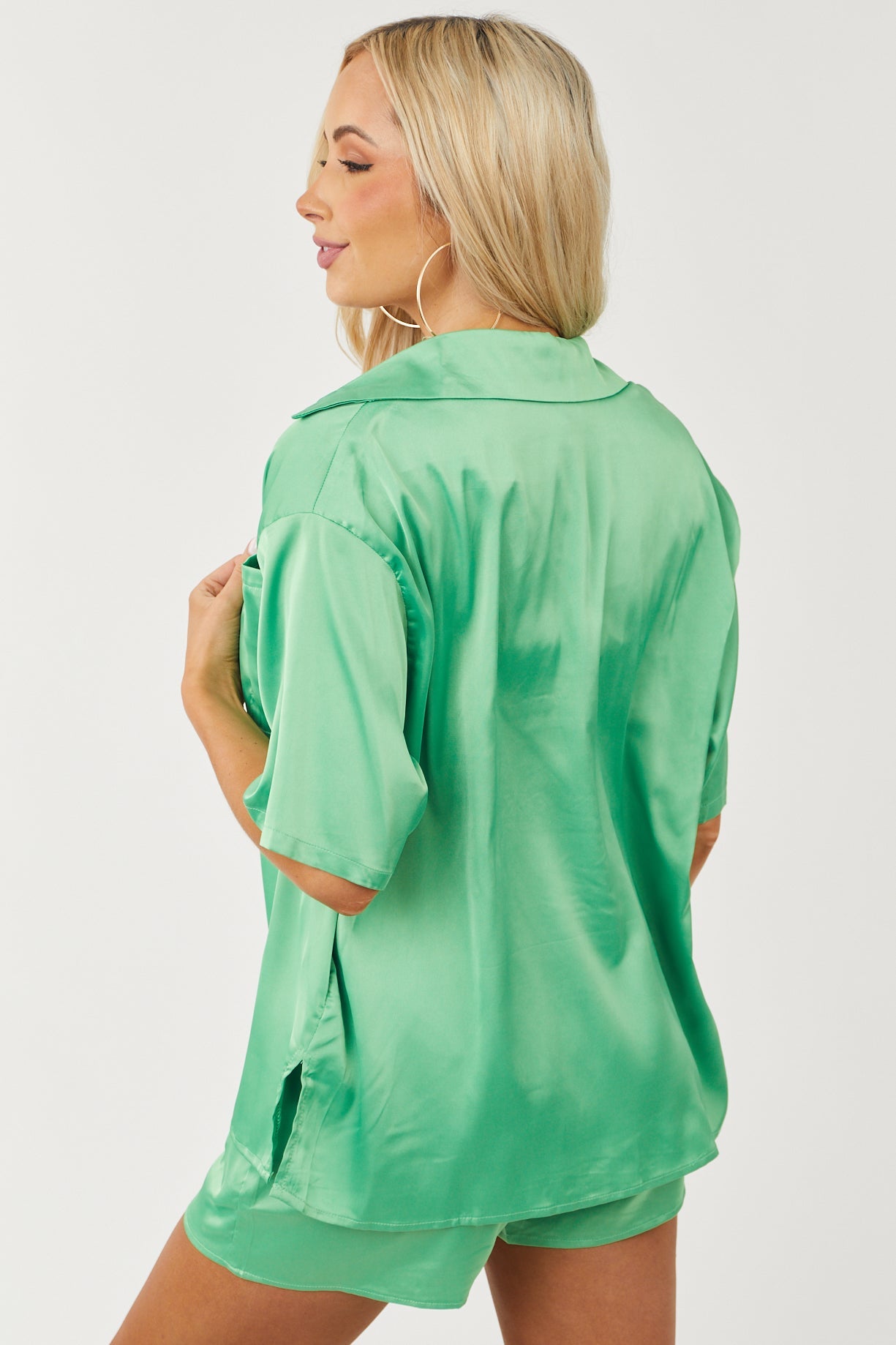 Kiwi Satin Button Shirt Shorts and Bra Set