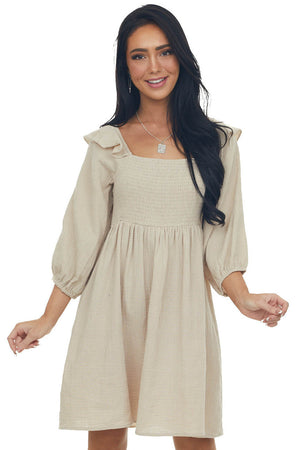 Latte 3/4 Bubble Sleeve Smocked Gauze Dress