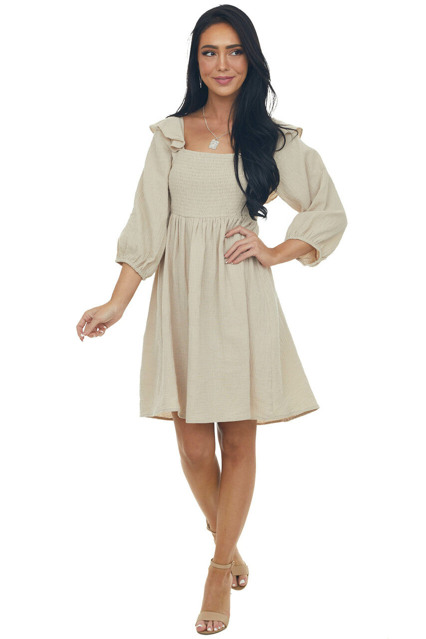 Latte 3/4 Bubble Sleeve Smocked Gauze Dress