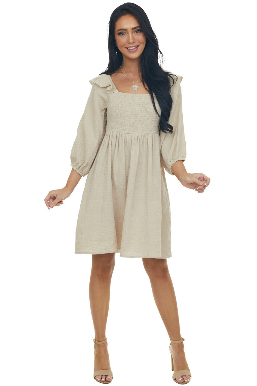 Latte 3/4 Bubble Sleeve Smocked Gauze Dress