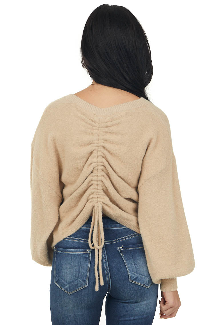 Latte Adjustable Ruched Back Fuzzy Sweater