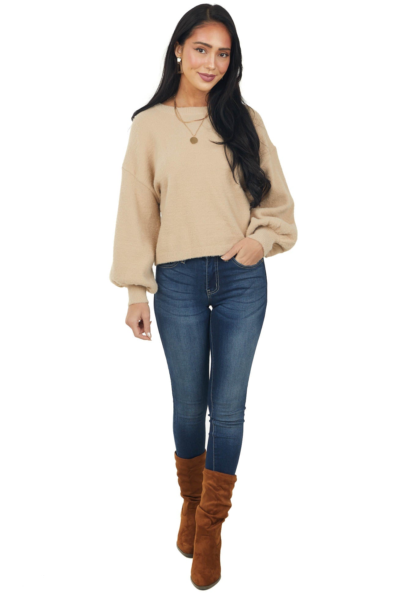 Latte Adjustable Ruched Back Fuzzy Sweater
