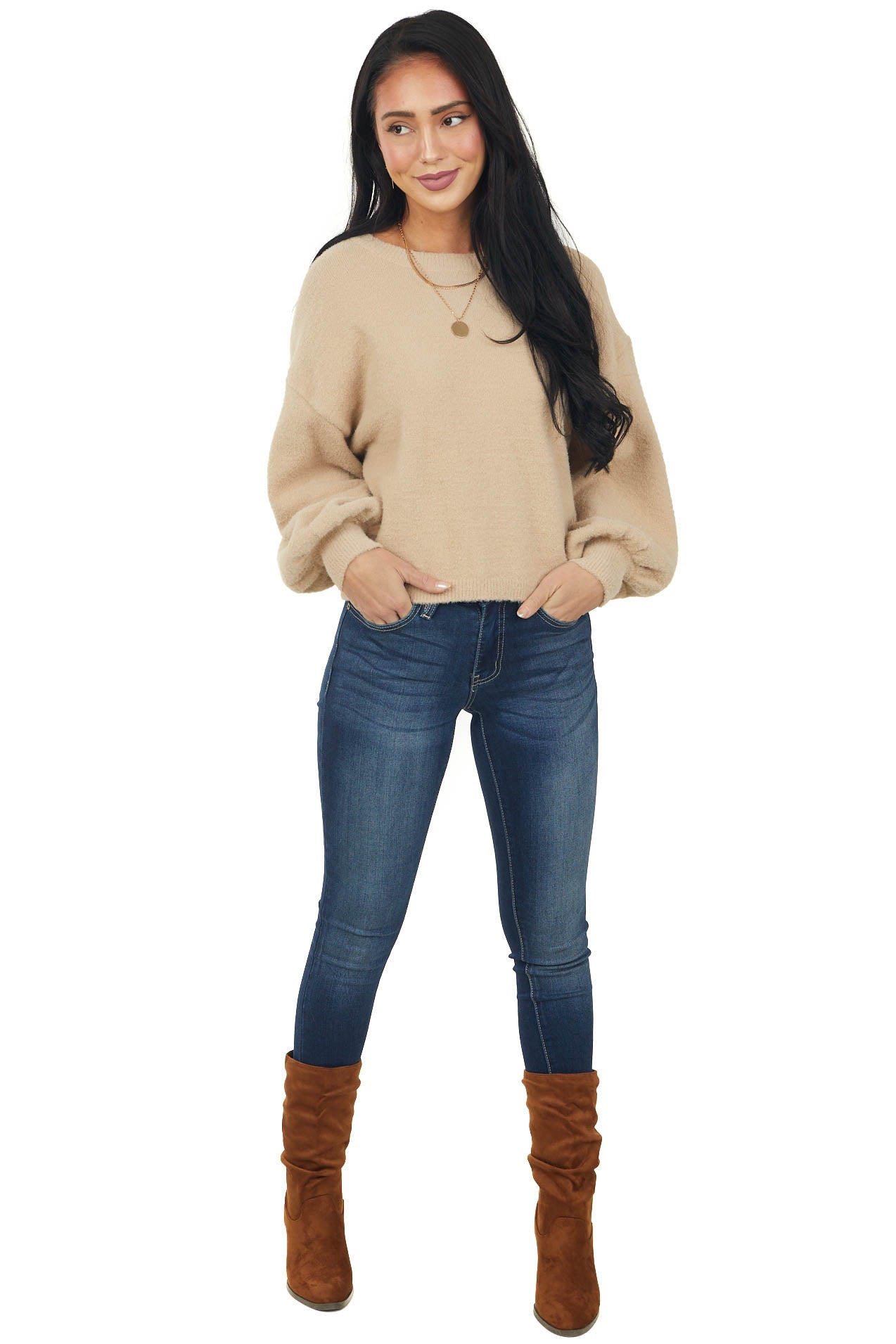 Latte Adjustable Ruched Back Fuzzy Sweater
