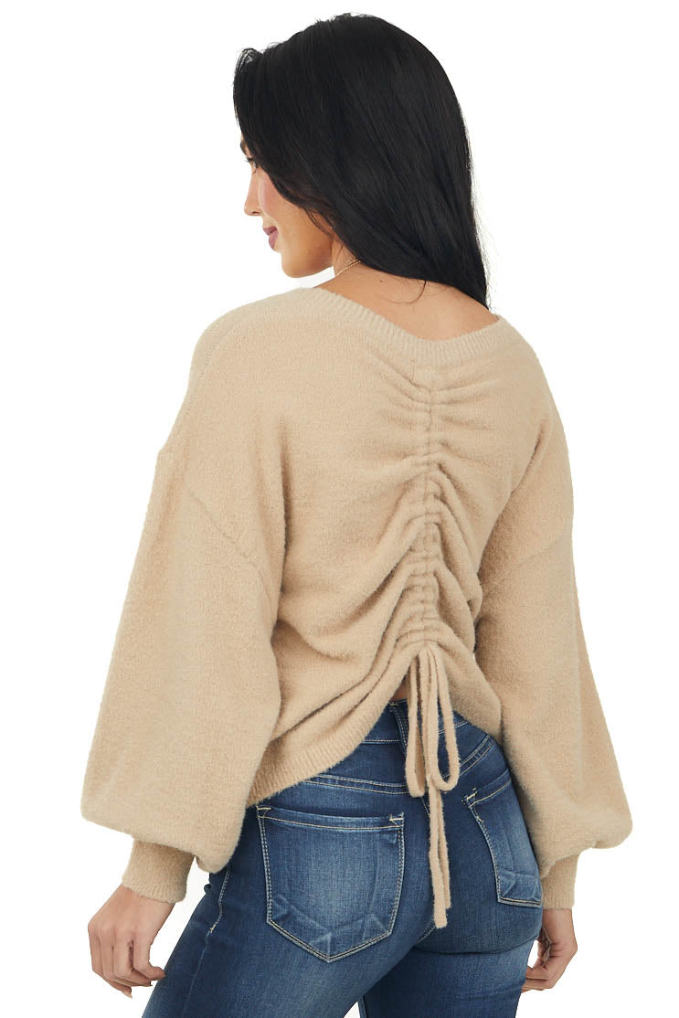 Latte Adjustable Ruched Back Fuzzy Sweater