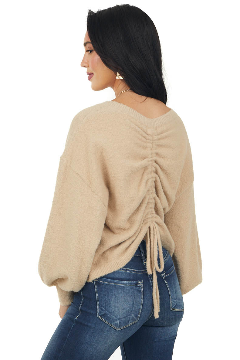 Latte Adjustable Ruched Back Fuzzy Sweater