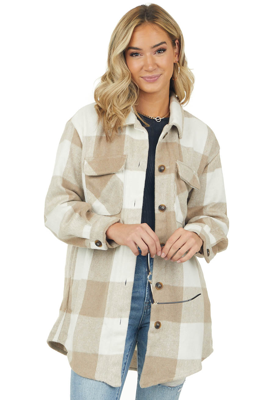 Latte Buffalo Plaid Longline Fleece Shacket