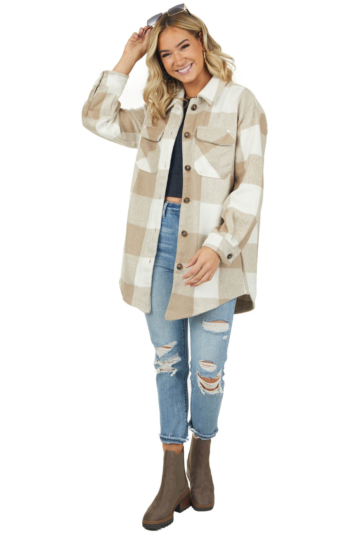 Latte Buffalo Plaid Longline Fleece Shacket