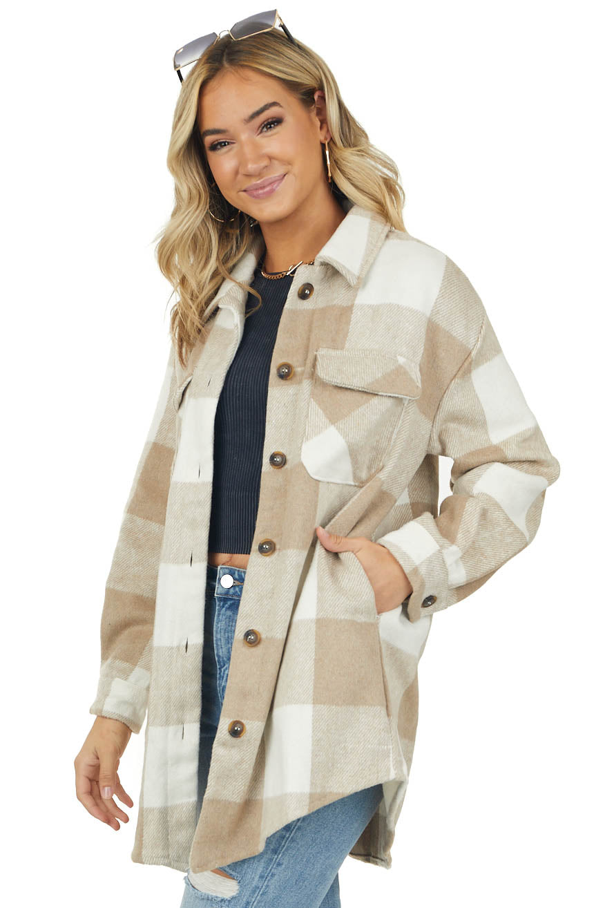 Latte Buffalo Plaid Longline Fleece Shacket