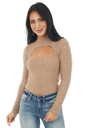 Latte Cable Knit Sweater with Chest Cut Out