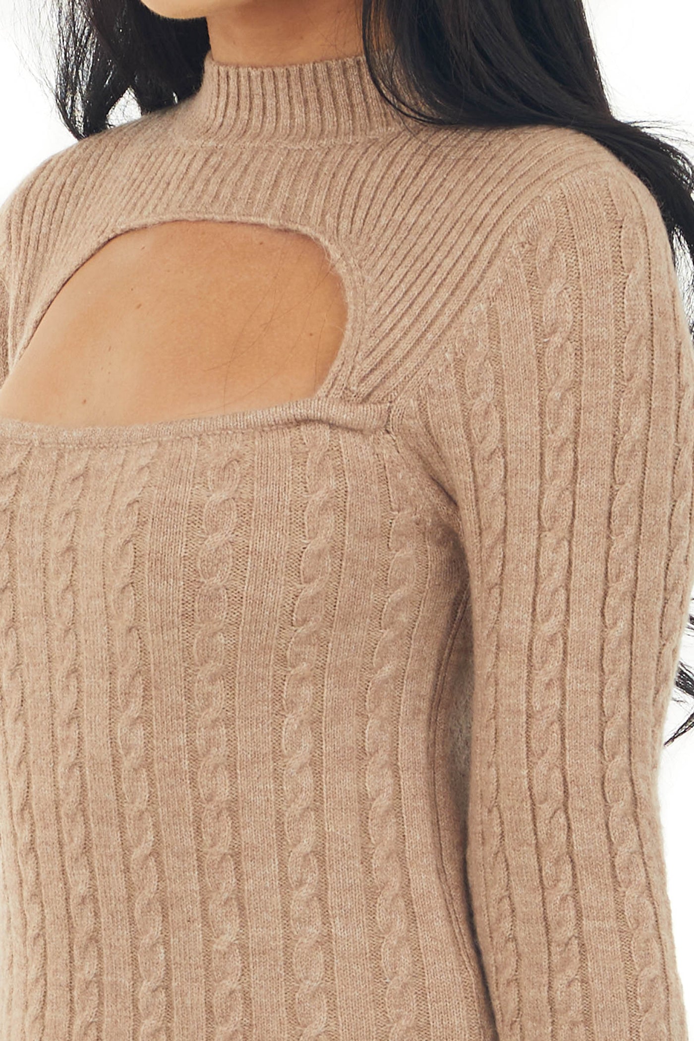 Latte Cable Knit Sweater with Chest Cut Out