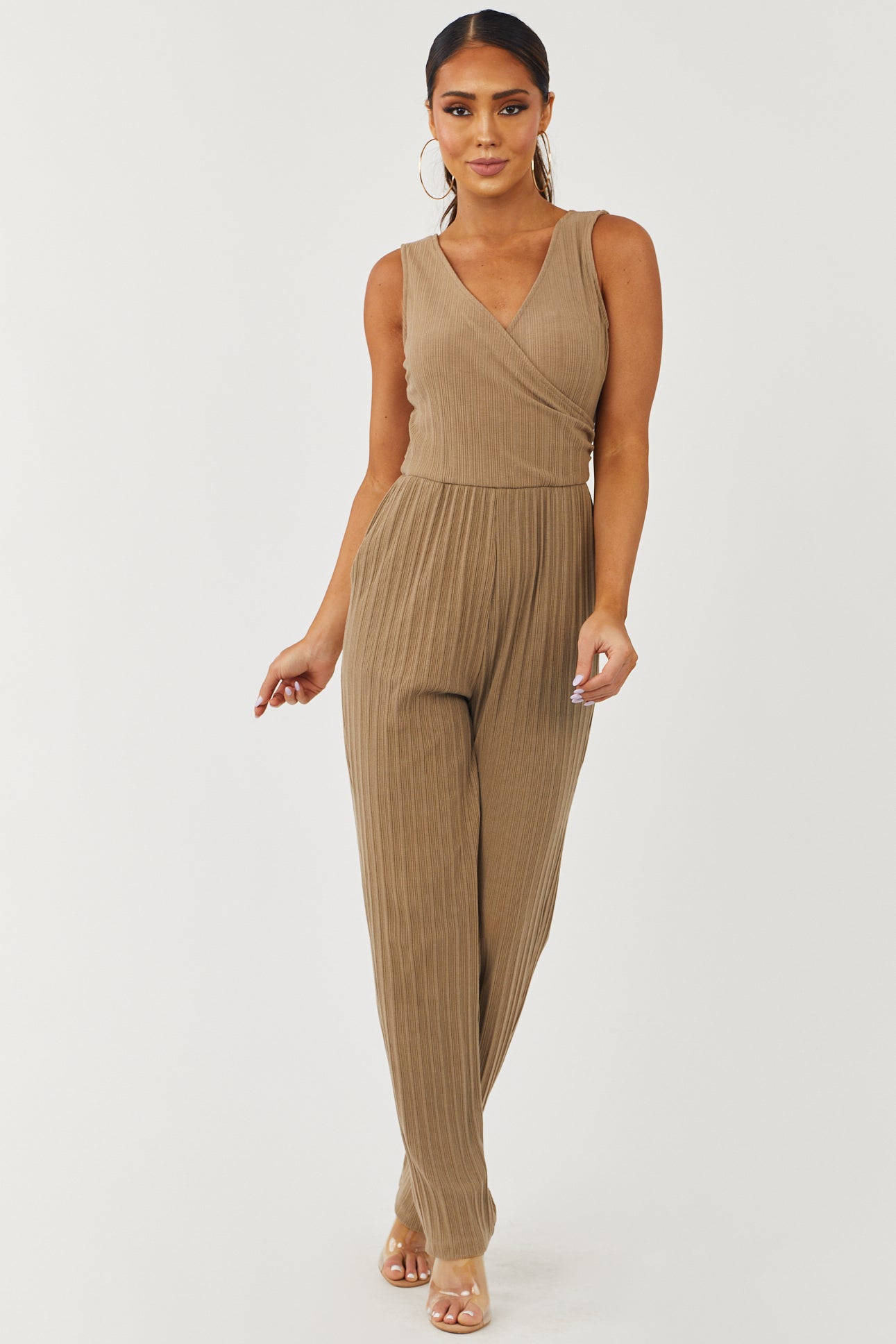 Latte Faux Wrap Sleeveless Ribbed Knit Jumpsuit