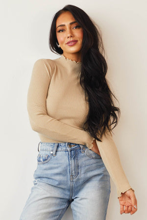 Latte Fitted Lettuce Trim Mock Neck Ribbed Top