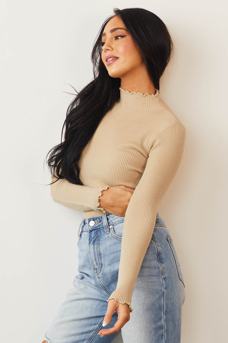 Latte Fitted Lettuce Trim Mock Neck Ribbed Top