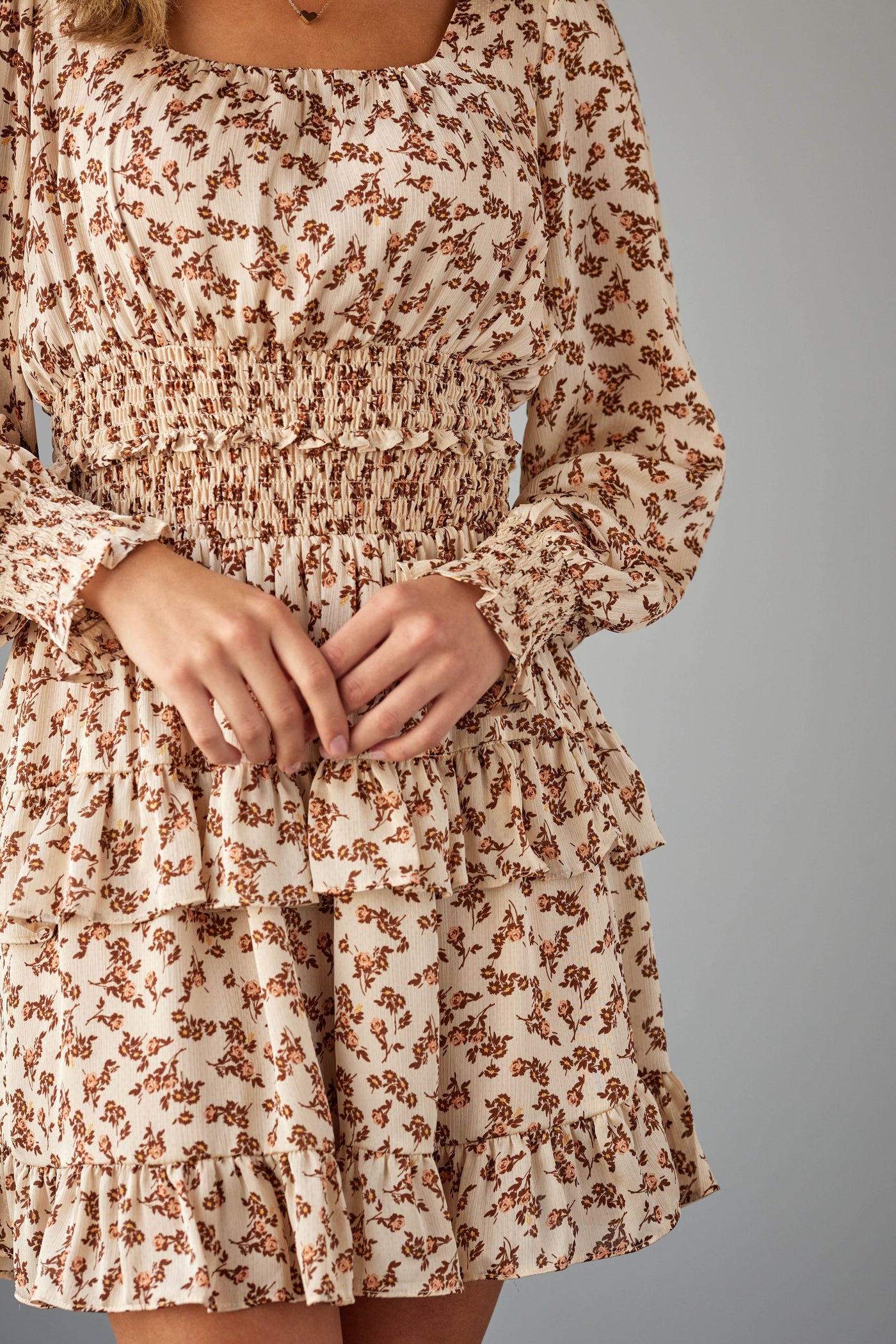 Latte Floral Long Sleeve Tiered Short Dress