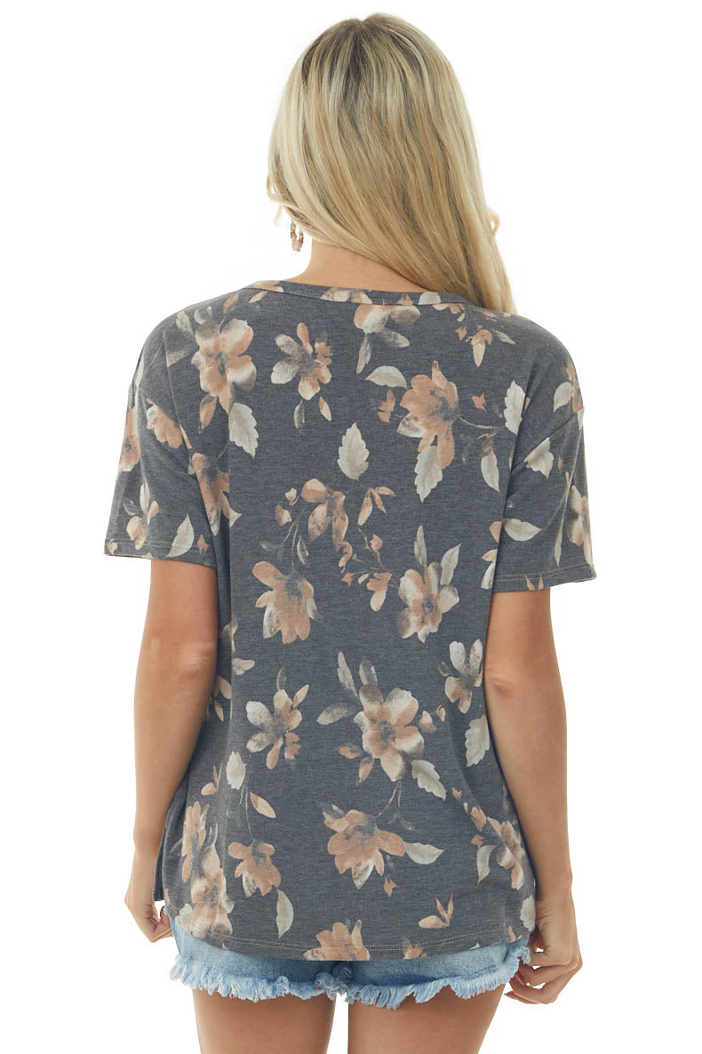 Latte Floral Print Short Sleeve Top with Cut Out Detail