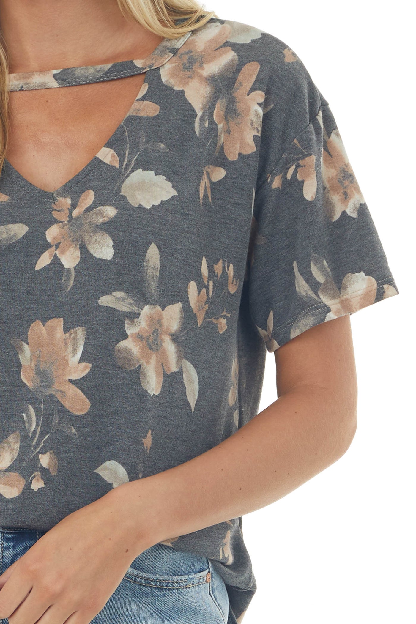Latte Floral Print Short Sleeve Top with Cut Out Detail