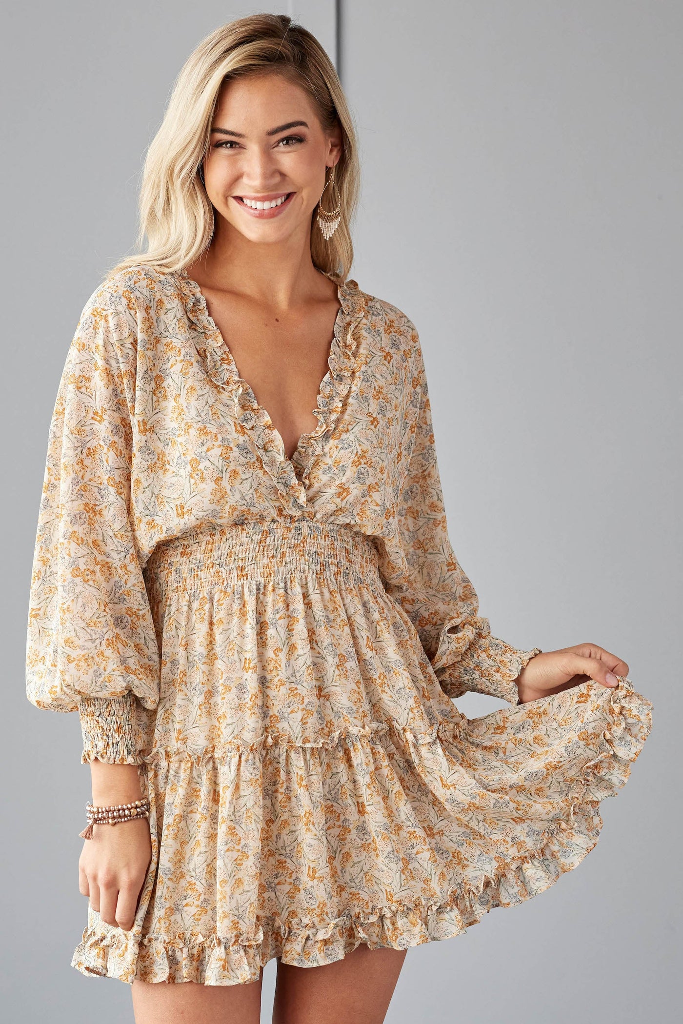 Latte Floral Print Surplice Open Back Dress