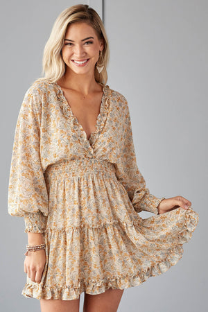 Latte Floral Print Surplice Open Back Dress