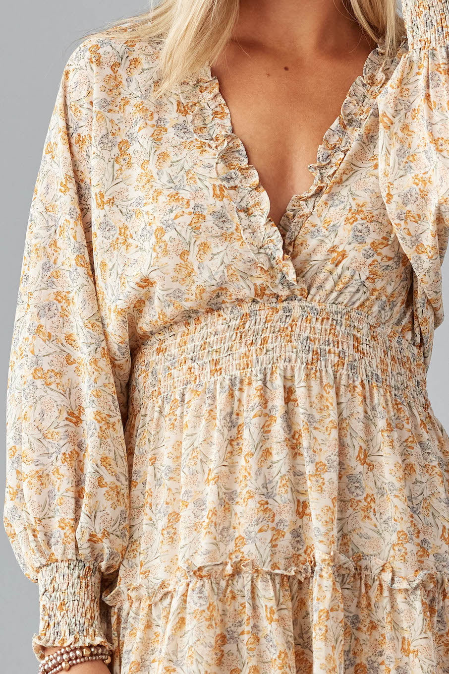 Latte Floral Print Surplice Open Back Dress