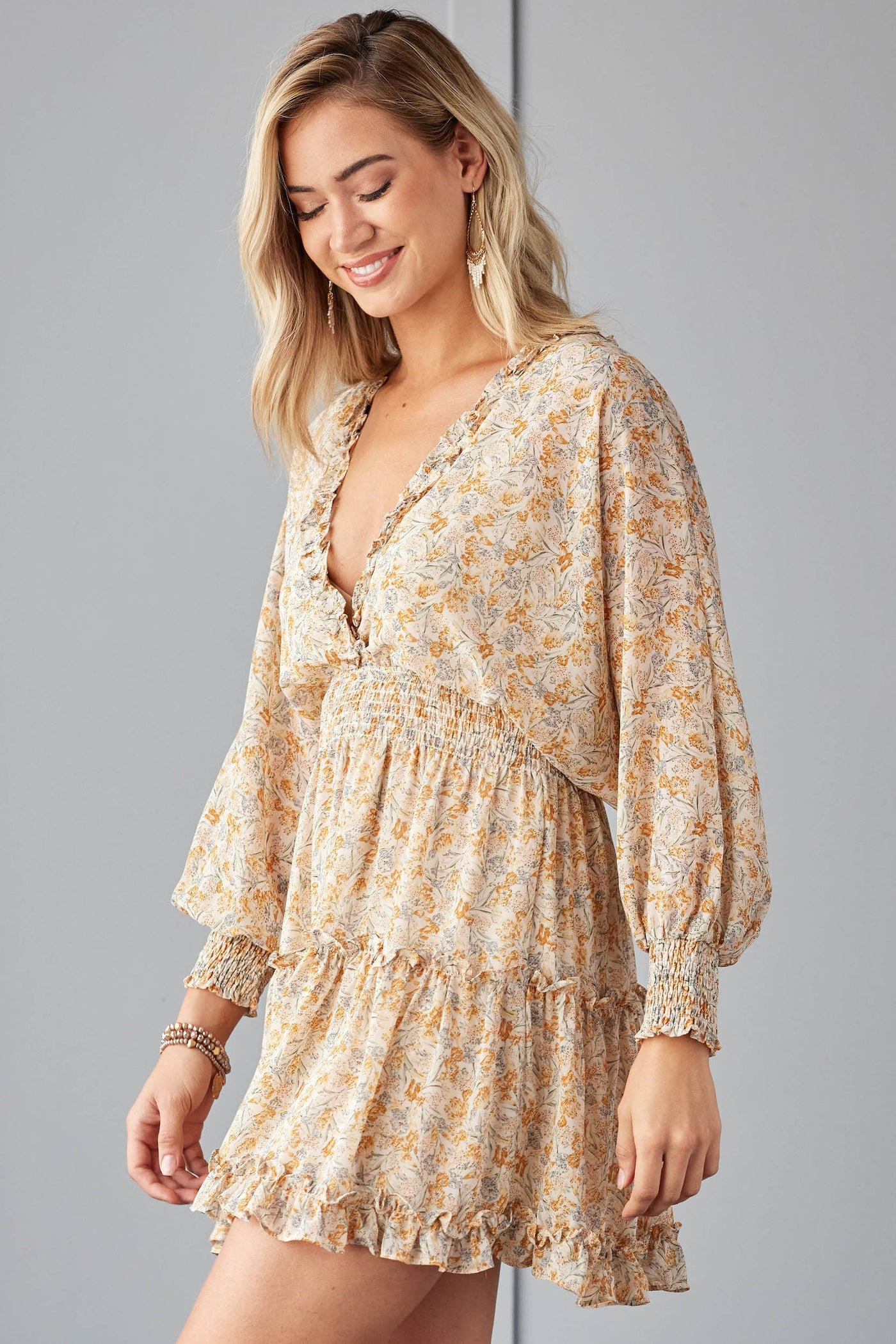 Latte Floral Print Surplice Open Back Dress