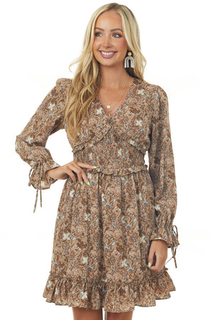 Latte Floral Triangle Smocked Waist Mini Dress