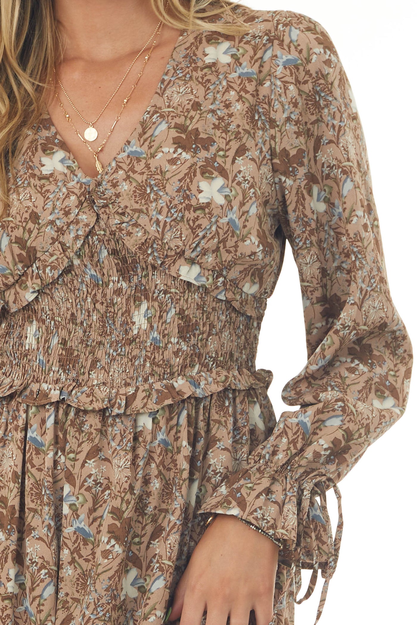Latte Floral Triangle Smocked Waist Mini Dress