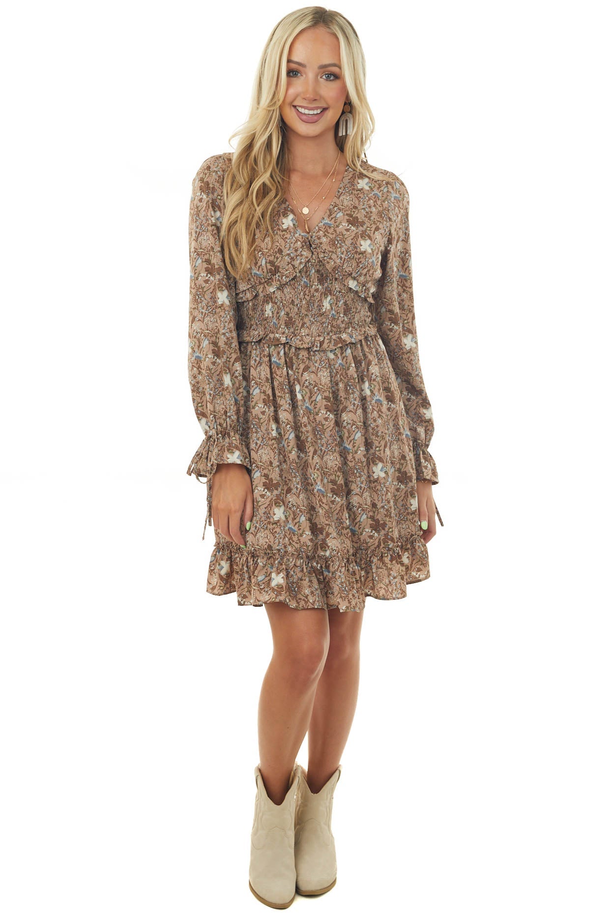 Latte Floral Triangle Smocked Waist Mini Dress
